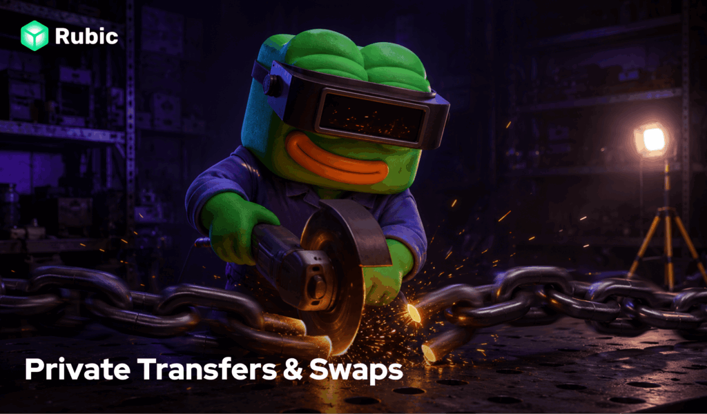 Rubic mascot cutting a metal chain, representing private crypto transfers and swaps that help break the public link between wallets.