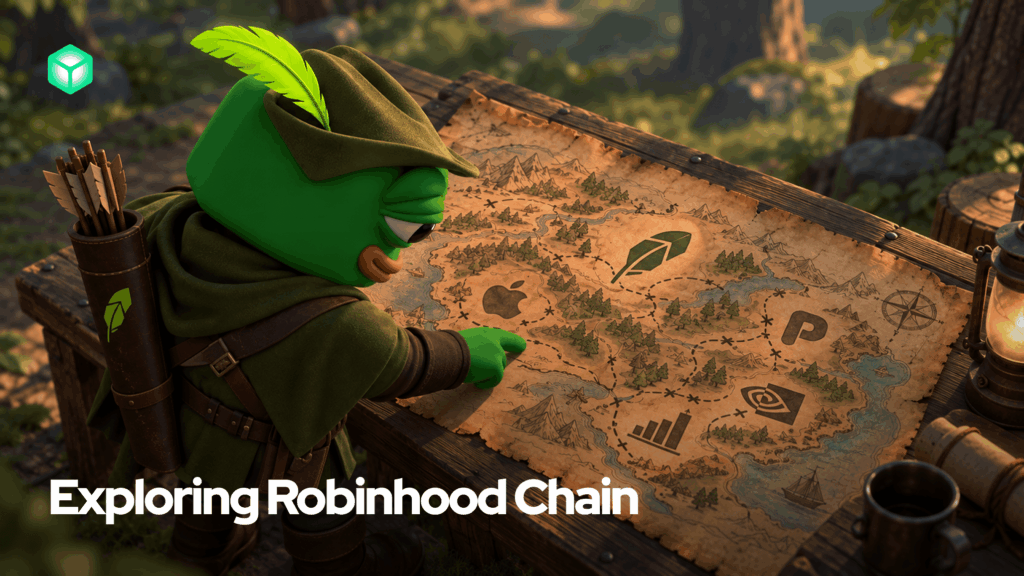 Rubic’s green frog mascot dressed as Robin Hood studies a map showing the Robinhood Chain ecosystem, with symbols for stocks, Pons and trading.